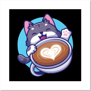 Cat so cute with coffee cup Posters and Art